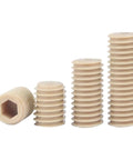 Top Tier Heavy Duty PEEK Set Screws M6 X12mm Hex Socket Drive 5 Pack showing varying sizes and hex socket tops, ideal for industrial use.