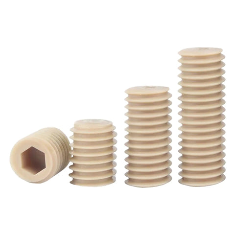 Top Tier Heavy Duty PEEK Set Screws M6 X12mm Hex Socket Drive 5 Pack showing varying sizes and hex socket tops, ideal for industrial use.
