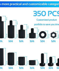 350 Piece Nylon M4 Standoff Kit With Male And Female Spacers Nuts Washers Screws For PCB Mounting And Electronics DIY Projects Dope For Prototyping Robotics Home Workshop Builds, black M4 nylon spacers and screws