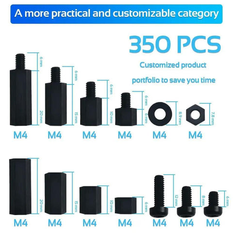 350 Piece Nylon M4 Standoff Kit With Male And Female Spacers Nuts Washers Screws For PCB Mounting And Electronics DIY Projects Dope For Prototyping Robotics Home Workshop Builds, black M4 nylon spacers and screws