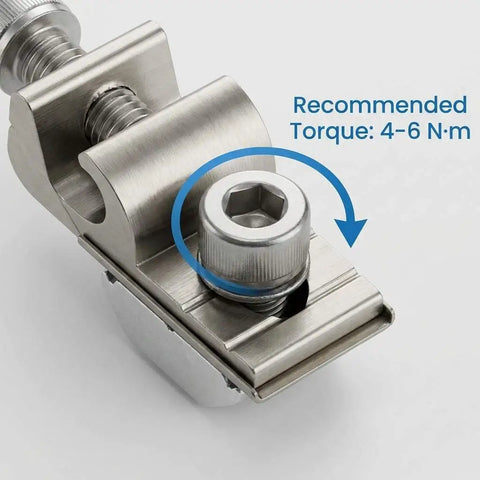 Rock Solid Grounding Lugs 25 Pack Aluminum Alloy Solar Rail Connectors Heavy Duty showing a clamp with torque specifications for installation.
