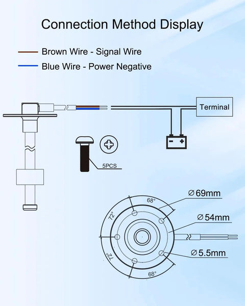 Beefy Five Inch 240-33 Ohms Fuel Level Sending Unit For Marine Boats Trucks And Cars, Precise 10mm Tank Sender With 130mm Core, Fits 5.5 To 6.1 Inch Tanks, Durable Fuel Gauge Sensor For Easy Fuel Monitoring. wiring diagram and mounting dimensions