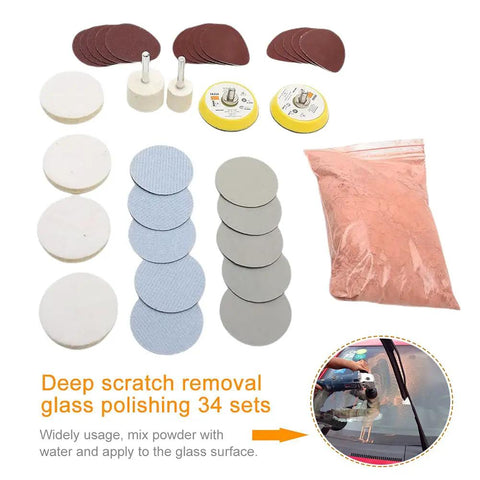 Glass Polishing Kit 34Pc Set with cerium oxide powder and pads for windshield scratch removal