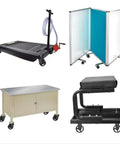 Various furniture and equipment with caster wheels for mobility and convenience.