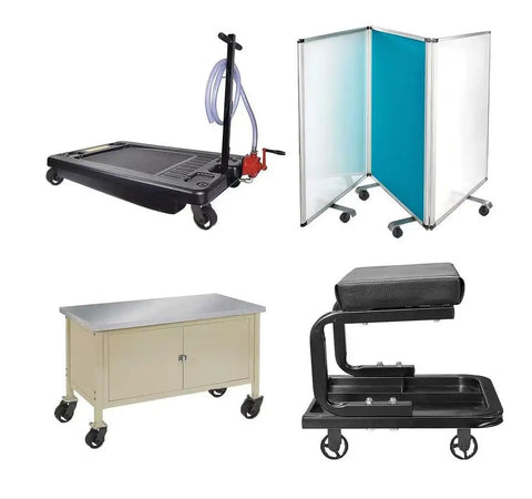 Assortment of industrial carts and equipment on caster wheels, including platform cart, partition, workbench, and creeper seat.
