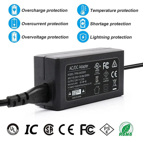 Power Supply Adapter 24V 2.5A DC Regulated Transformer Charger Plug-And-Play, 100-240V AC In, UL Listed, showing protection features