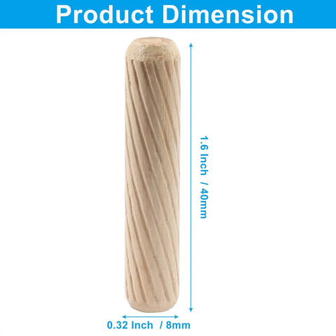 Kickass Fluted Wood Dowel Pins M8x40mm Hardwood Grooved Plugs Kiln Dried, showing dimensions, 1.6x0.32 inches for furniture building.