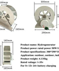 Low Speed Water Turbine Generator with steel waterwheel and dimensions for off-grid renewable energy use.