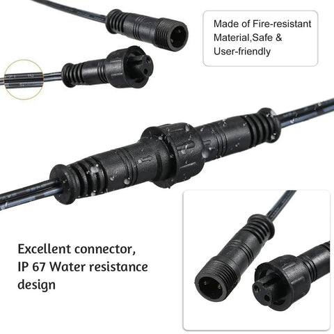 Kick Ass 2 Pin Extension Cable For LED Deck And Garden Spike Lights Featuring Waterproof IP67 Plugs showing connectors and water resistance.