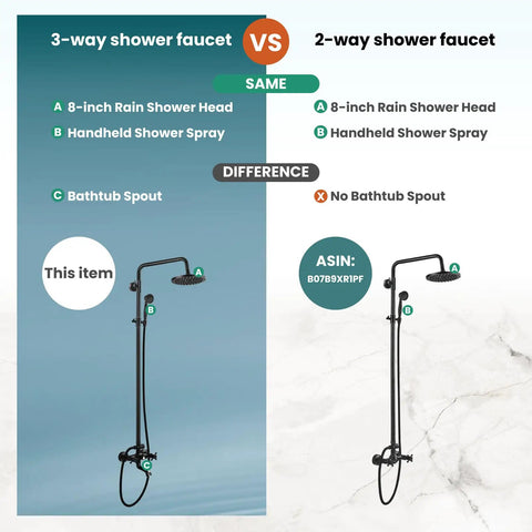 Comparison of 3-way vs 2-way Oil Rubbed Bronze Wall Mounted Shower System with 8 Inch Rain Shower Head Tub Spout And Handheld Sprayer.