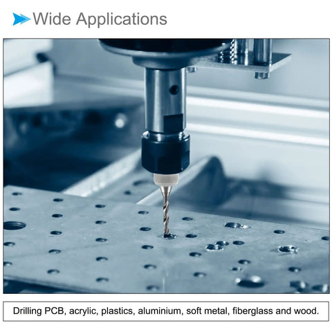 Go To 1/8 Inch Shank Tungsten Carbide PCB Drill Bit Set in CNC machine, drilling aluminum metal plate.