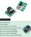 Three Ultra Tiny 0.9V To 5V DC-DC Boost Converter Modules with 5V 480mA output, green PCBs, showing circuit components and size.