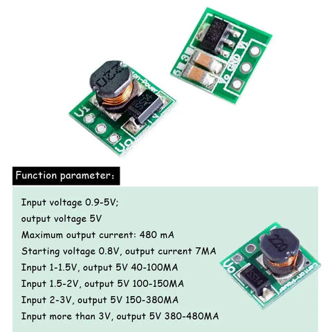 Three Ultra Tiny 0.9V To 5V DC-DC Boost Converter Modules with 5V 480mA output, green PCBs, showing circuit components and size.