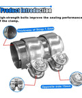 Stainless Steel 2 Inch Exhaust Clamp with Butt Joint Band Sleeve Connector for Mufflers and Tubes, showing bolt details and 1.5mm strap thickness.