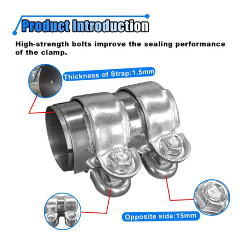 Stainless Steel 2 Inch Exhaust Clamp with Butt Joint Band Sleeve Connector for Mufflers and Tubes, showing bolt details and 1.5mm strap thickness.