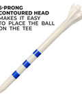 Three And A Quarter Inch My Hite FLYtee Golf Tees Bulk Pack White And Blue Stripe 100 Count With 6 Pronged Head displayed