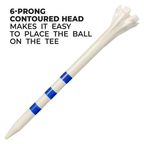 Three And A Quarter Inch My Hite FLYtee Golf Tees Bulk Pack White And Blue Stripe 100 Count With 6 Pronged Head displayed