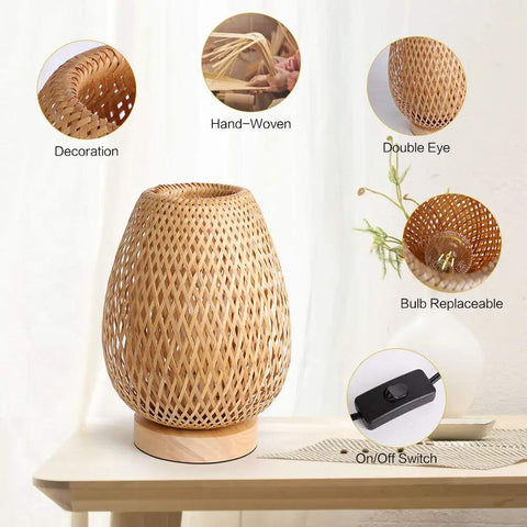 Handcrafted Bamboo Wood Table Lamp With Natural Base For Bedroom And Desk Eye Caring Night Light Retro Reading Lamp Eco Friendly Home Decor Handicraft Gift For Cozy Spaces, on wooden table with hand-woven decor and on/off switch details.