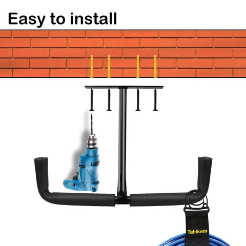 Beefy Heavy Duty Overhead Garage Storage Rack Set Of 2 with ceiling mount hanger hooks shown with installation tools and screws