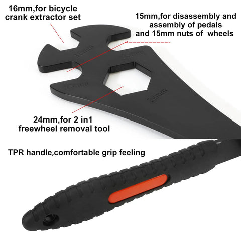 Bike Cassette Removal Tool With Chain Whip And 2 In 1 Freewheel Remover Pedal Wrench showing labeled sizes and TPR handle