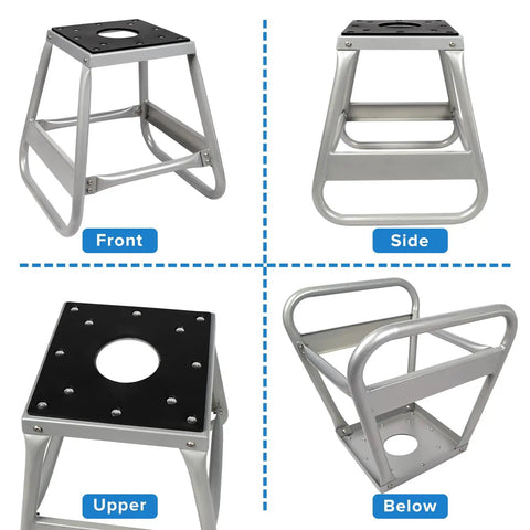 Motorcycle Lift Stand For Dirt Bikes 600Lb Capacity Beefy Universal Panel Stand with rubber platform and metal frame, various angles