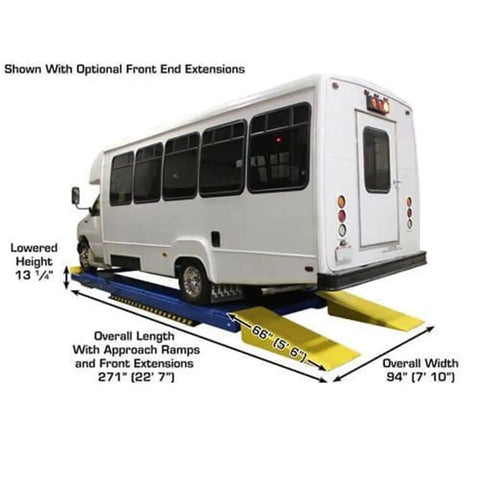 Px16a Scissor Alignment Lift And RJ8 Rolling Jacks Combo showing lowered height of 13 1/4 inches and ramp dimensions.