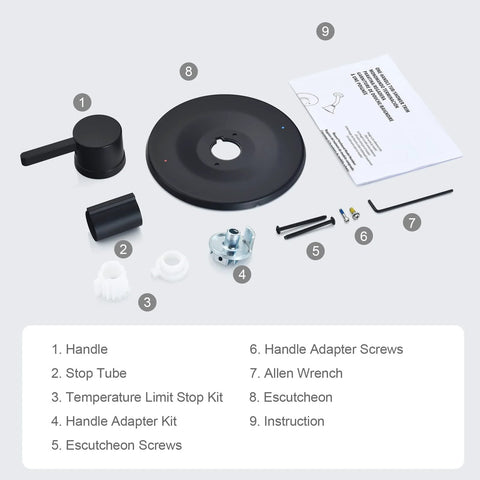 Matte black shower trim kit, 9-piece set for Moen Posi-Temp valve; includes handle, escutcheon, screws.