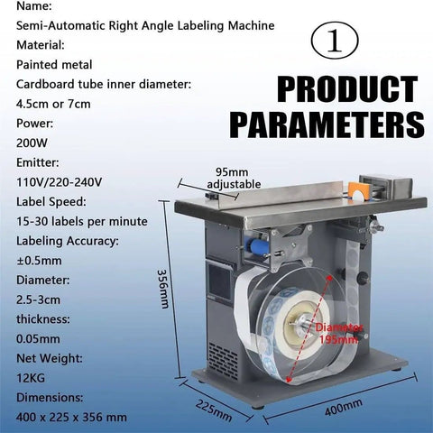 High Speed Semi Automatic Right Angle Corner Labeling Machine, Digital Plc Touch Screen Operated, 20 To 50 Mm Label Width Range, Apply Precise 90 Degree Corners Fast At 15 To 30 Sheets Per Minute For Packaging, showing product parameters and specifications.
