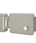 Electric Door Strike Lock Kit Offering Straight Up Dependable Two Way Talk Communication For Easy Access Control Nine To Twelve Volt Electromagnetic Security Strike Mounting Includes Master Keys Heavy Duty Painted Housing For Retail Shops, gray iron housing.