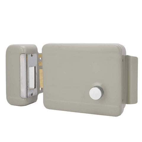 Electric Door Strike Lock Kit Offering Straight Up Dependable Two Way Talk Communication For Easy Access Control Nine To Twelve Volt Electromagnetic Security Strike Mounting Includes Master Keys Heavy Duty Painted Housing For Retail Shops, gray iron housing.