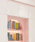 Bright White 3.8 Inch Cabinet Pulls 5 Pack Aluminum Alloy Drawer Handles on white cabinets with books on pink shelves