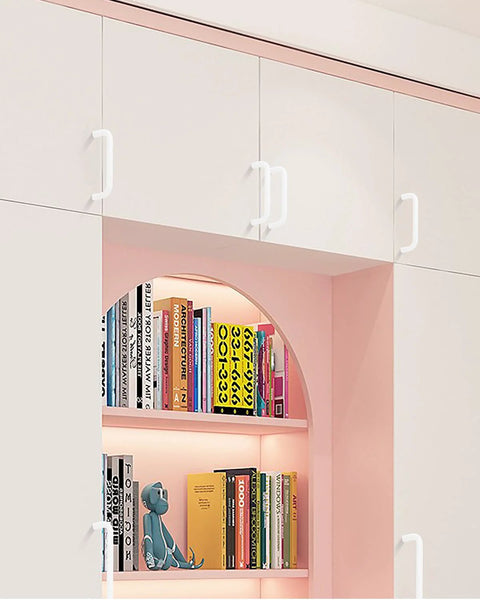 Bright White 3.8 Inch Cabinet Pulls 5 Pack Aluminum Alloy Drawer Handles on white cabinets with books on pink shelves