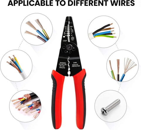 Get The SavvyFIX 8-Inch Professional Wire Stripper Tool, Wire Crimper & Wire Cutter displayed with various wire types.
