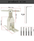 Heavy Duty Aluminum Alloy Motor Pinion Gear Puller Tool with dimensions and included wrench and pins