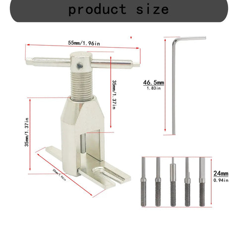 Heavy Duty Aluminum Alloy Motor Pinion Gear Puller Tool with dimensions and included wrench and pins