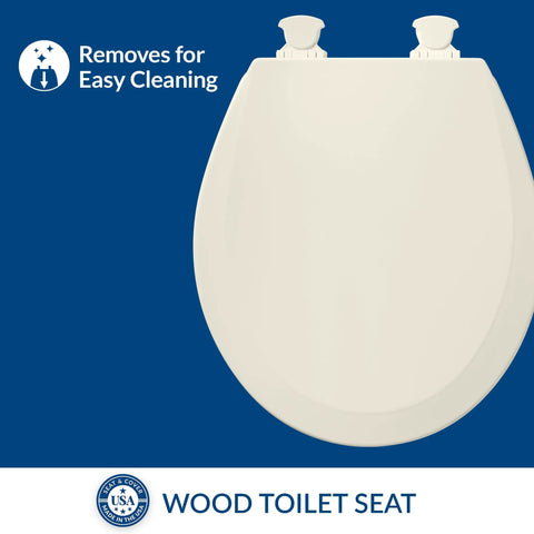 Durable Wood Toilet Seat With Easy Clean Hinges, Round Biscuit Color, Made In USA, No Fuss Quick Release For Deep Clean