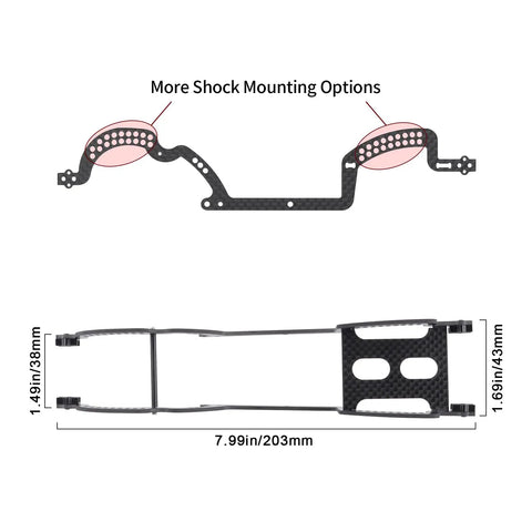 Beefy Carbon Fiber Chassis Kit For 1/18 TRX4M Bronco Defender Crawler, chassis frame with shock mount points detail view.