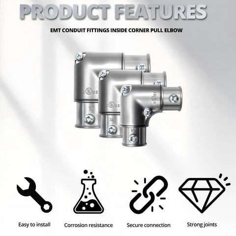 Five Pack One Half Inch EMT Fittings 90 Degree Inside Corner Pull Elbows Heavy Duty Galvanized Steel Conduit Adapters on display.