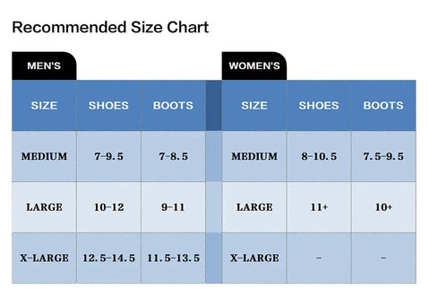 Recommended size chart for men's and women's shoes and boots, includes medium, large, and extra-large sizes.