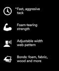 Foam And Fabric Spray Adhesive With Low VOC Under 25 Percent, High Tack And Quick Grab For Foam And Fabric, Open Time For Precise Positioning, Orange 74 CA Formula, 19 Oz Net Weight; fast tack features