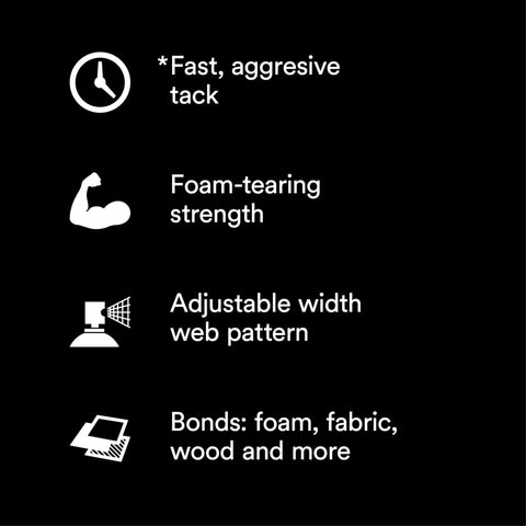 Foam And Fabric Spray Adhesive With Low VOC Under 25 Percent, High Tack And Quick Grab For Foam And Fabric, Open Time For Precise Positioning, Orange 74 CA Formula, 19 Oz Net Weight; fast tack features