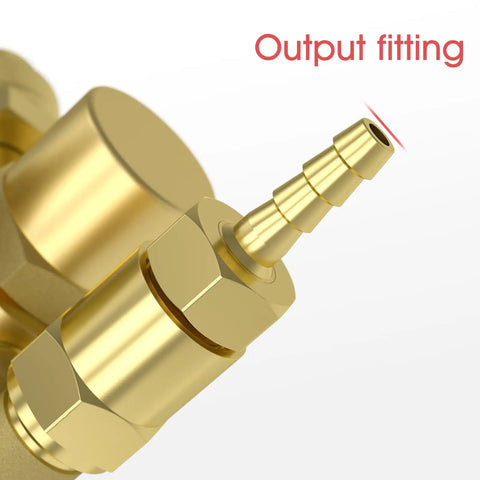 Close-up of output fitting on Argon And CO2 MIG And TIG Flow Meter Gas Regulator Gauge With 8 Foot Hose, Leakproof CGA 580 Inlet