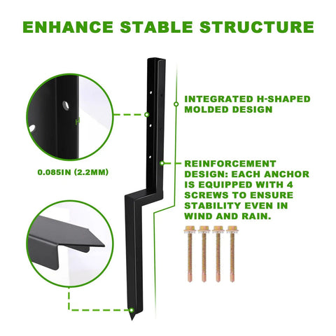 Diagram showing the integrated H-shaped molded design and screws of Heavy Duty Fence Post Repair Kit 2 Inch Width Ground Spike Anchor.