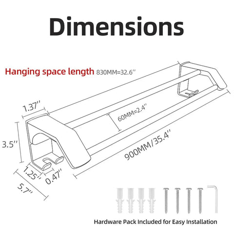 Diagram showing dimensions of 35.4 Inch Double Towel Bar Wall Mounted Rustproof Stainless Steel Aluminum Towel Rack With 4 Fixed Hooks