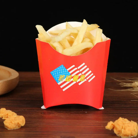 Disposable Paper Snack Boxes 100 Pack For Chips And Sweets Portable Food Packaging Containers shown with fries in red box