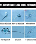 Various types of windshield cracks such as crescent, bull's-eye, star, petal, long, and font shapes before repair