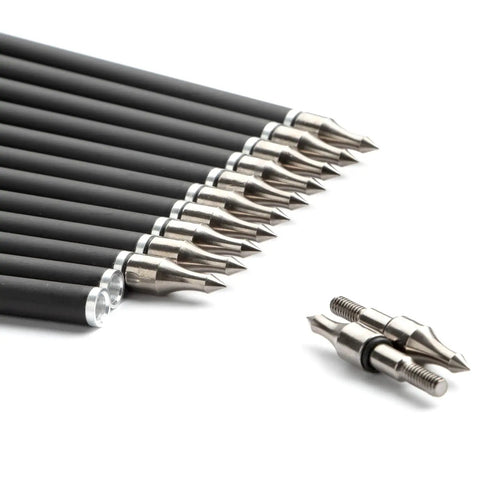 Carbon Crossbow Arrows 16 Inch 12 Pack For Hunting And Target Practice With TPU Vanes, metal tips and carbon shafts.