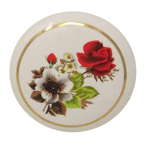 Hand Painted Ceramic Cabinet Knobs Knockout Vintage Style Red Rose Design Six Piece Set For Kitchen Drawers And Dressers Buttery Smooth Glaze Finish, close-up of one knob.