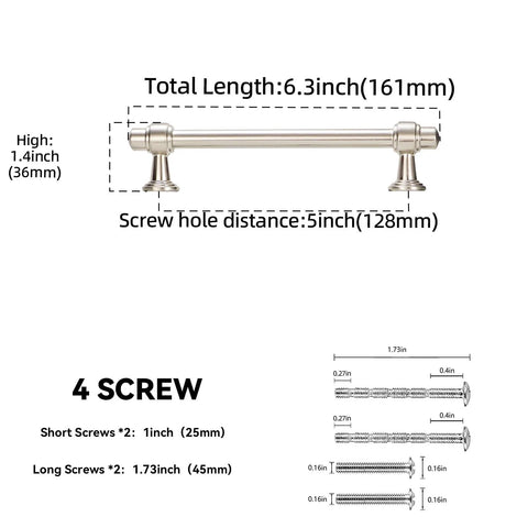 Diagram showing dimensions of 10 Pack 5 Inch Brushed Satin Nickel Cabinet Handles Zinc Alloy Heavy Duty Drawer Pulls.