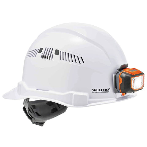 Vented Hard Hat With Light Cap Style Ratchet Suspension ANSI Class C Safety Helmet Skullerz 8972LED White with side LED light